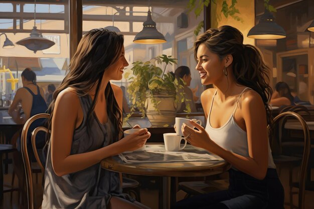 Photo young latin woman drinking coffee with female friend at restaurant