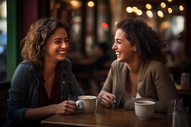 Photo young latin woman drinking coffee with female friend at restaurant