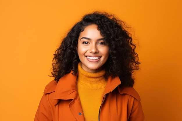 Young Latin Woman in Fall Autumn Clothes on an Orange Banner with Space for Copy