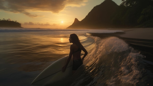 Young latin woman surfer in contrast to the sunset