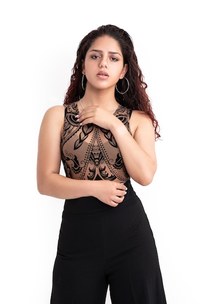 Young latin woman on white background