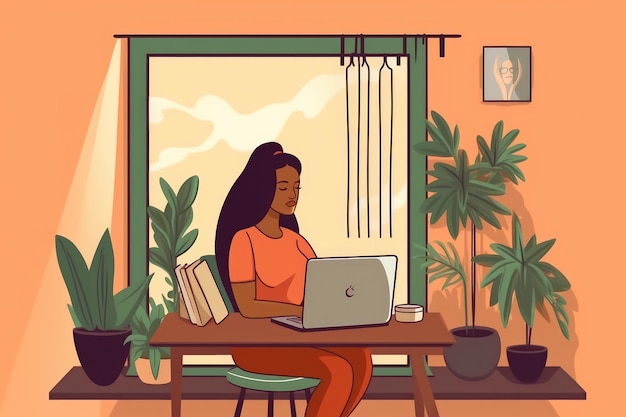 young latin woman working at home with laptop vector