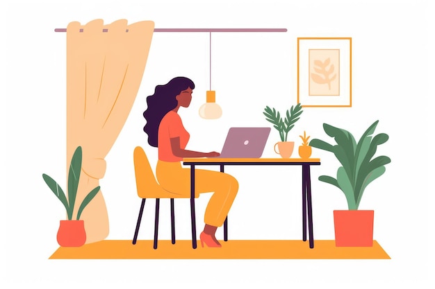 young latin woman working at home with laptop vector