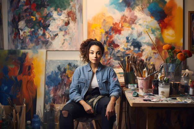 Photo a young latina artist begins her day in a colourful art studio surrounded by paints and canvases