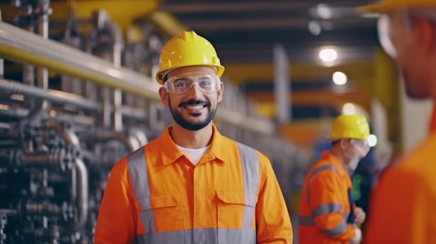 スペイン系ラテン系の若いエンジニアが大きな製造施設で働いています 工場の労働者は水ガスと石油パイプを管理しています GENERATE AI