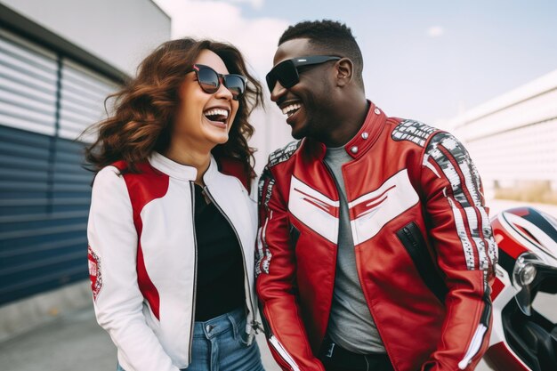 Young laughing couple wearing motorcycle gear and helmets red and black colors AI Generated