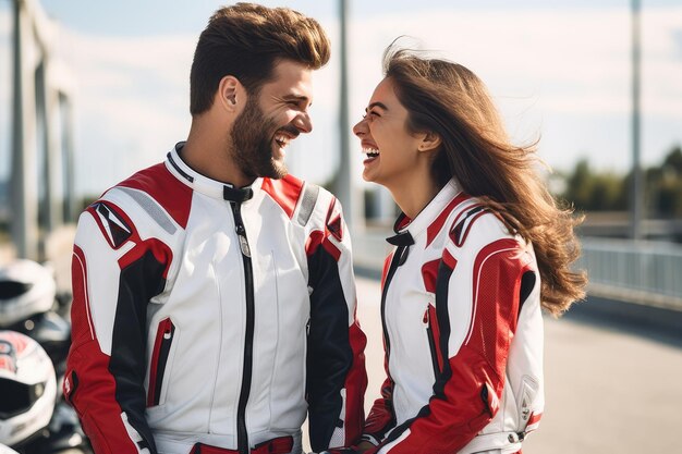 Young laughing couple wearing motorcycle gear and helmets red and black colors AI Generated