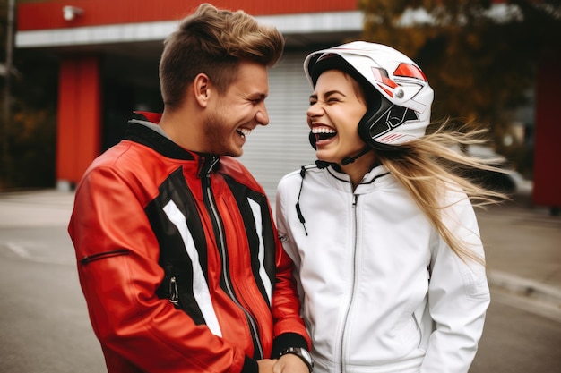 Young laughing couple wearing motorcycle gear and helmets red and black colors AI Generated