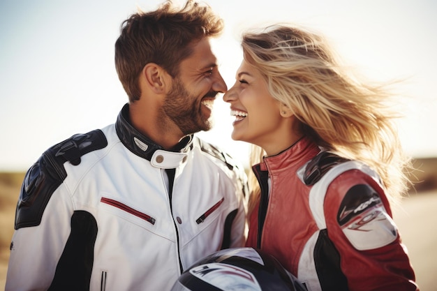 Young laughing couple wearing motorcycle gear and helmets red and black colors AI Generated