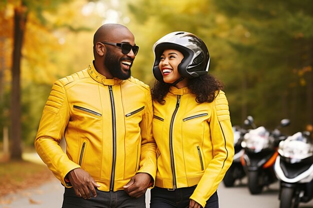 Young laughing couple wearing motorcycle gear and helmets yellow and black colors AI Generated