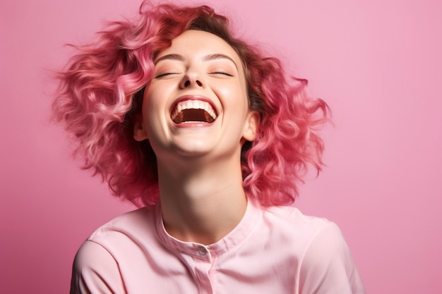 Фото Молодая смеющаяся женщина на розовом фоне
