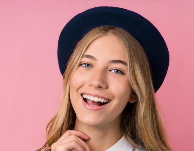 Photo young laughing woman blonde happy against pink background