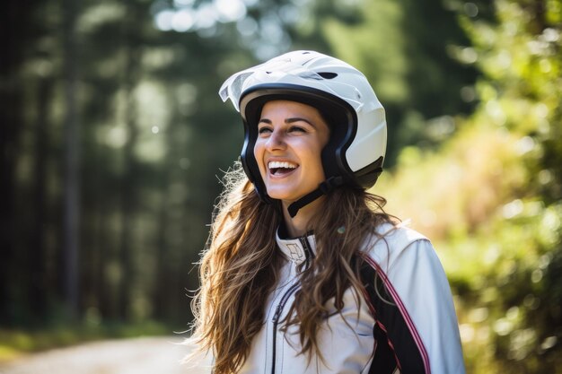 Young laughing woman with long hair wearing motorcycle gear and helmet white colors AI Generated