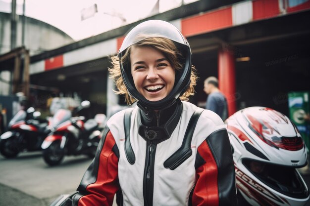 Young laughing woman with short hair wearing motorcycle gear and helmet red and black colors AI Gene