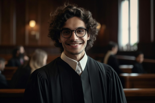 Young law university graduate in the courtroom in the gown after successfully defending diploma