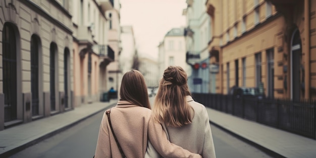 A Young Lesbian Couple Are Walking Around The City Hugging