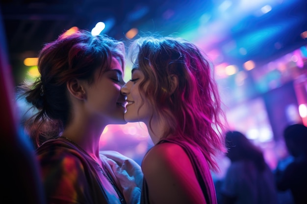 Young lesbian couple dances freely embracing love amidst dynamic music and inclusive club atmosphere