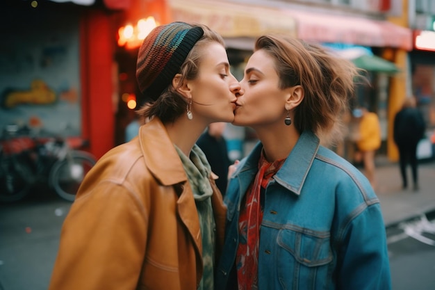 A young lesbian couple kissing on the street to celebrate LGBTQIA pride day Generative AI