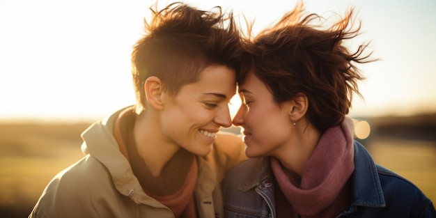 Young lesbian couple touches foreheads to each other closeup Generative AI