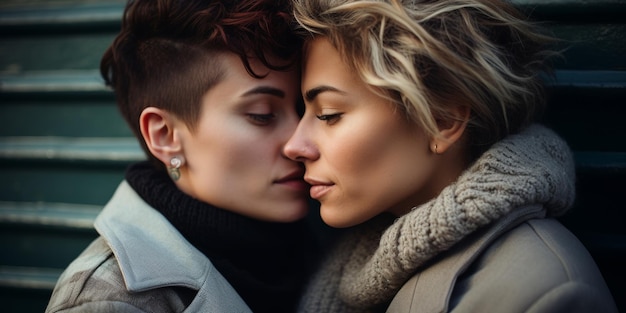 Photo young lesbian couple touches foreheads to each other closeup generative ai