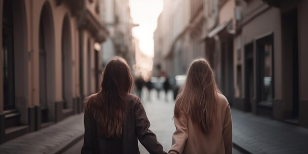 Young Lesbian Couple Walking Through The City And Holding Hands