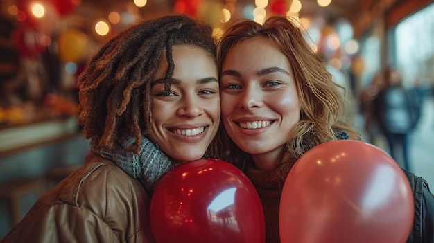 Photo young lesbian couple with heartshaped balloons on blue background valentines day celebration