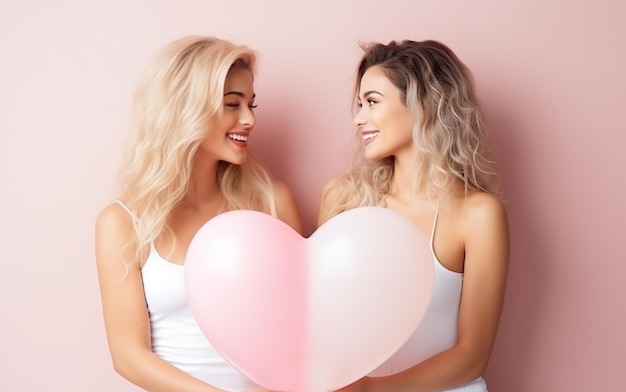Young lesbian lovers couple with pink heart balloon homosexual relationship LGBTQA Valentines day