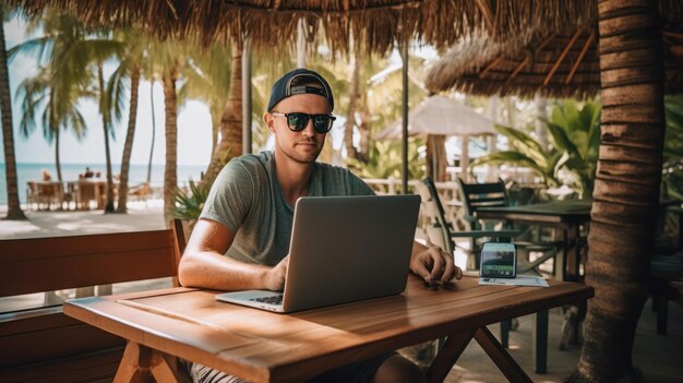 Young lifestyle digital nomad working on the laptop at the cafe island