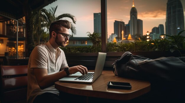 Young lifestyle digital nomad working on the laptop at the city