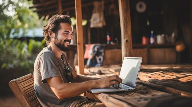 Young lifestyle digital nomad working on the laptop at Laos