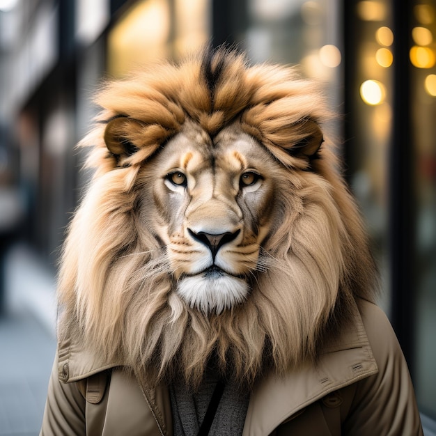 young lion wearing a lion coat and standing in the city young lion wearing a lion coat and stan