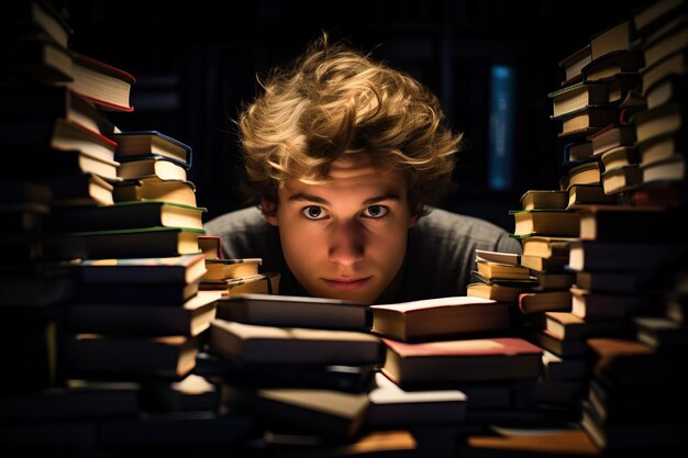 Photo young literature enthusiast engulfed by stacks of books