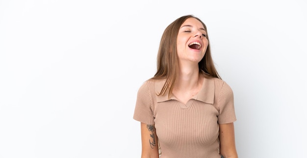 Young Lithuanian woman isolated on white background laughing