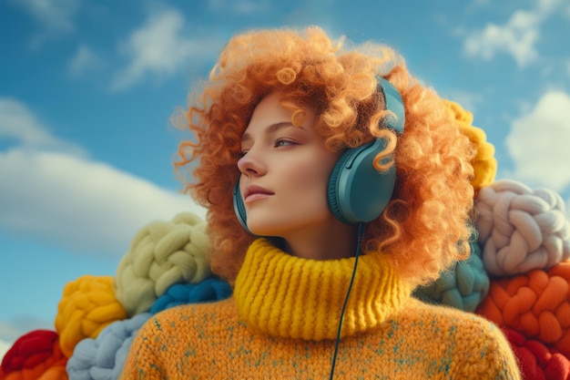 Young lofi woman wearing headphones and colorful winter clothes with a sky background