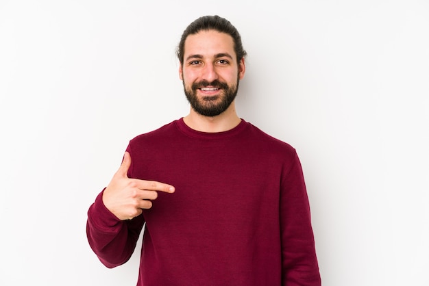 Young long hair man person pointing by hand to himself