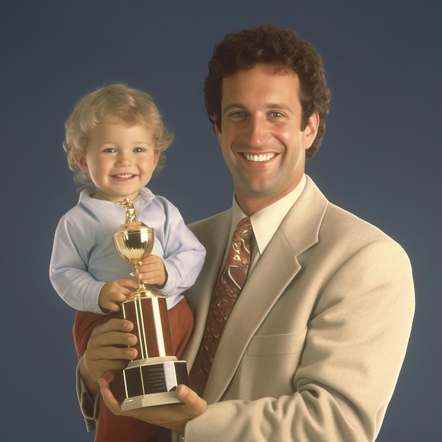 Молодой папочка с трофеем с надписью "Лучший папочка"