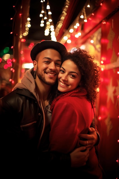 Young lovers embraced in a festive setting with holiday lights bokeh