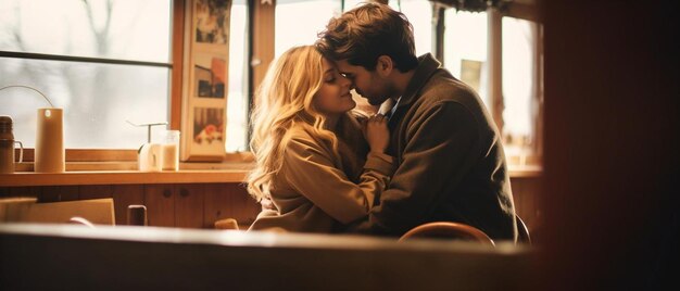 Молодые влюбленные вместе пьют кофе во время романтического свидания в кафе.