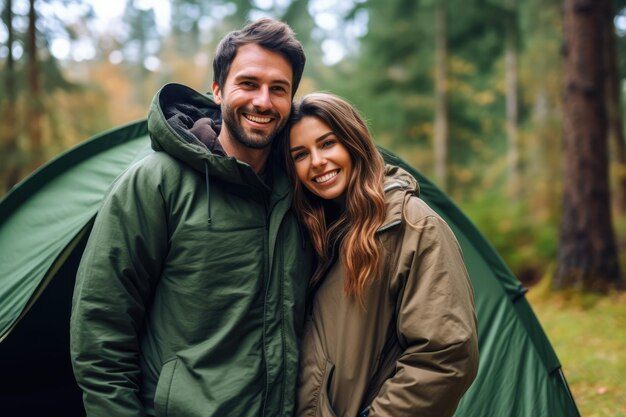 Young loving couple in camping in the forest