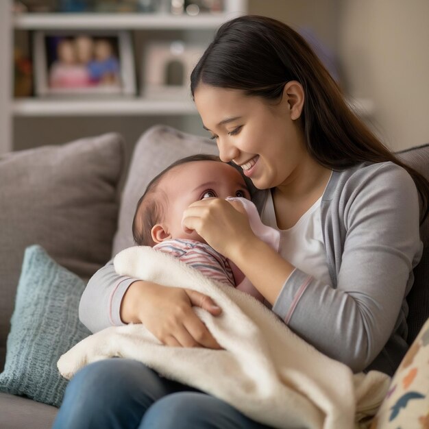 Фото young loving mother enjoying while breastfeeding baby daughter at home