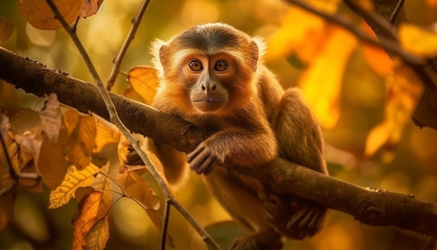 Young macaque sitting on branch in forest generated by AI