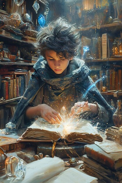Young magician studying in his room