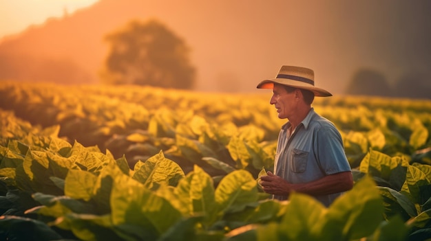 A young male agronomist farmer in a tobacco field