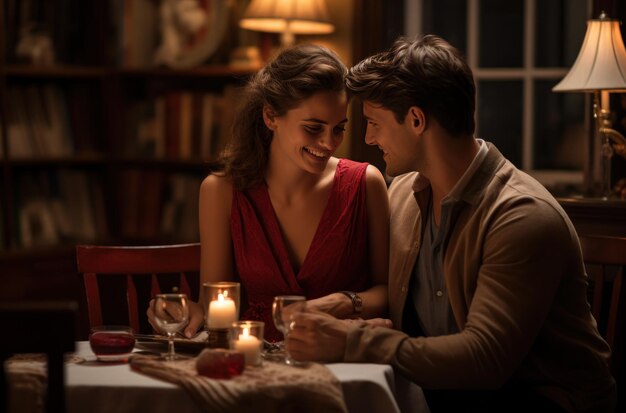 Фото Молодая мужская и женская пара обмениваются подарками в романтической столовой.