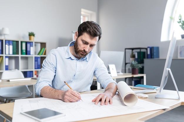 Young male architect designer making drawings and project on whatman paper on desk in his office Sitting at a table with a computer focused