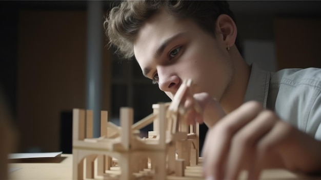 A young male architect with determined face working with building model in creative office Generative AI AIG21