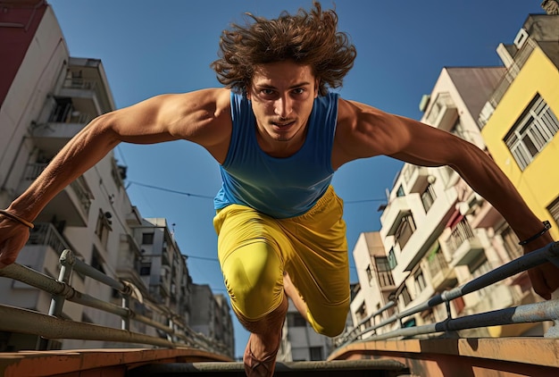 молодой мужчина-спортсмен бежит по пандусу в стиле голубого и желтого