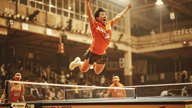 A young male athlete in an orange shirt is jumping in the air in celebration after winning a table tennis match