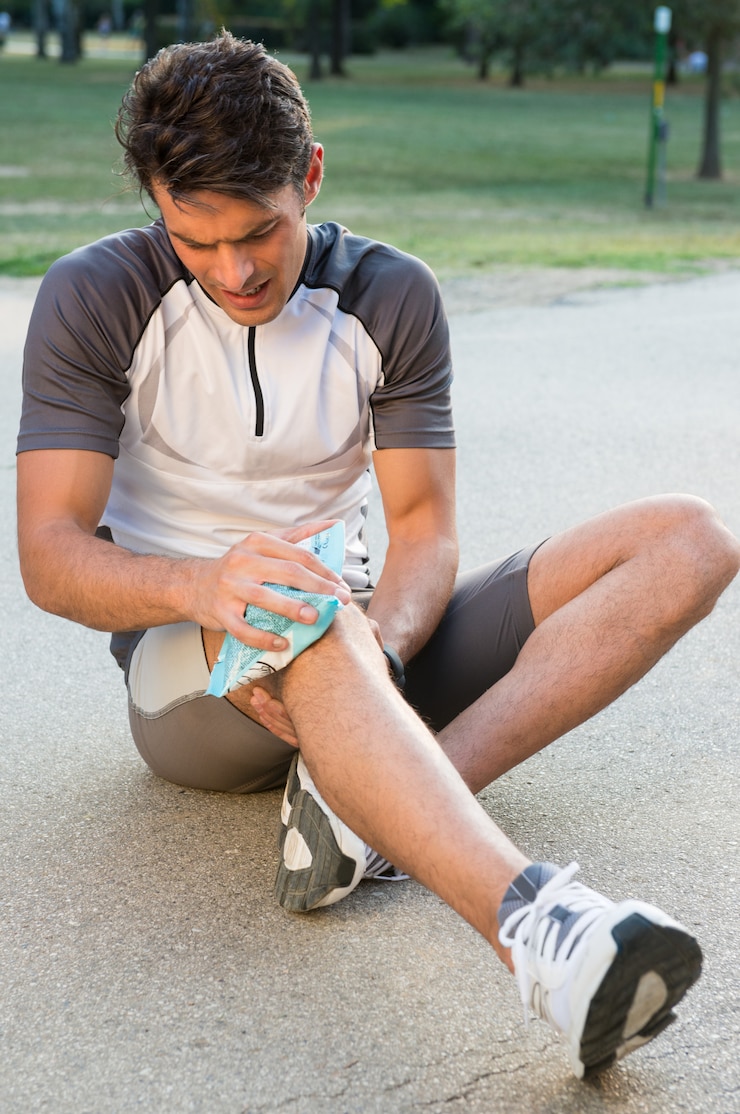 Photo young male athlete sitting on ground and taking ice for knee pain
