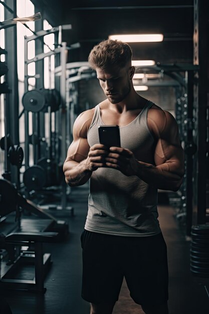 Photo young male athlete taking a selfie in cinematic gym setting